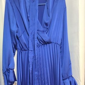 Plus Size Cobalt Blue Satin Pleated Midi Dress